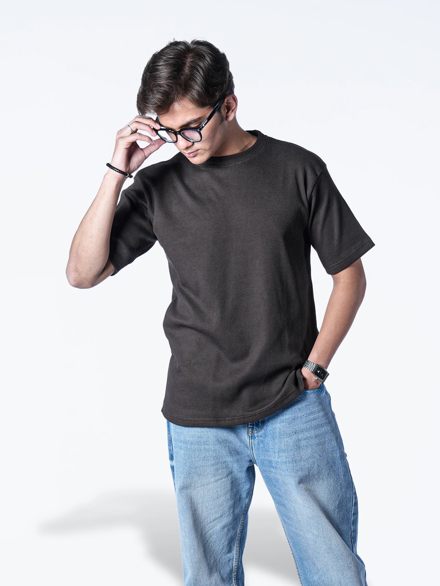 Brown regular waffle knit T-shirt