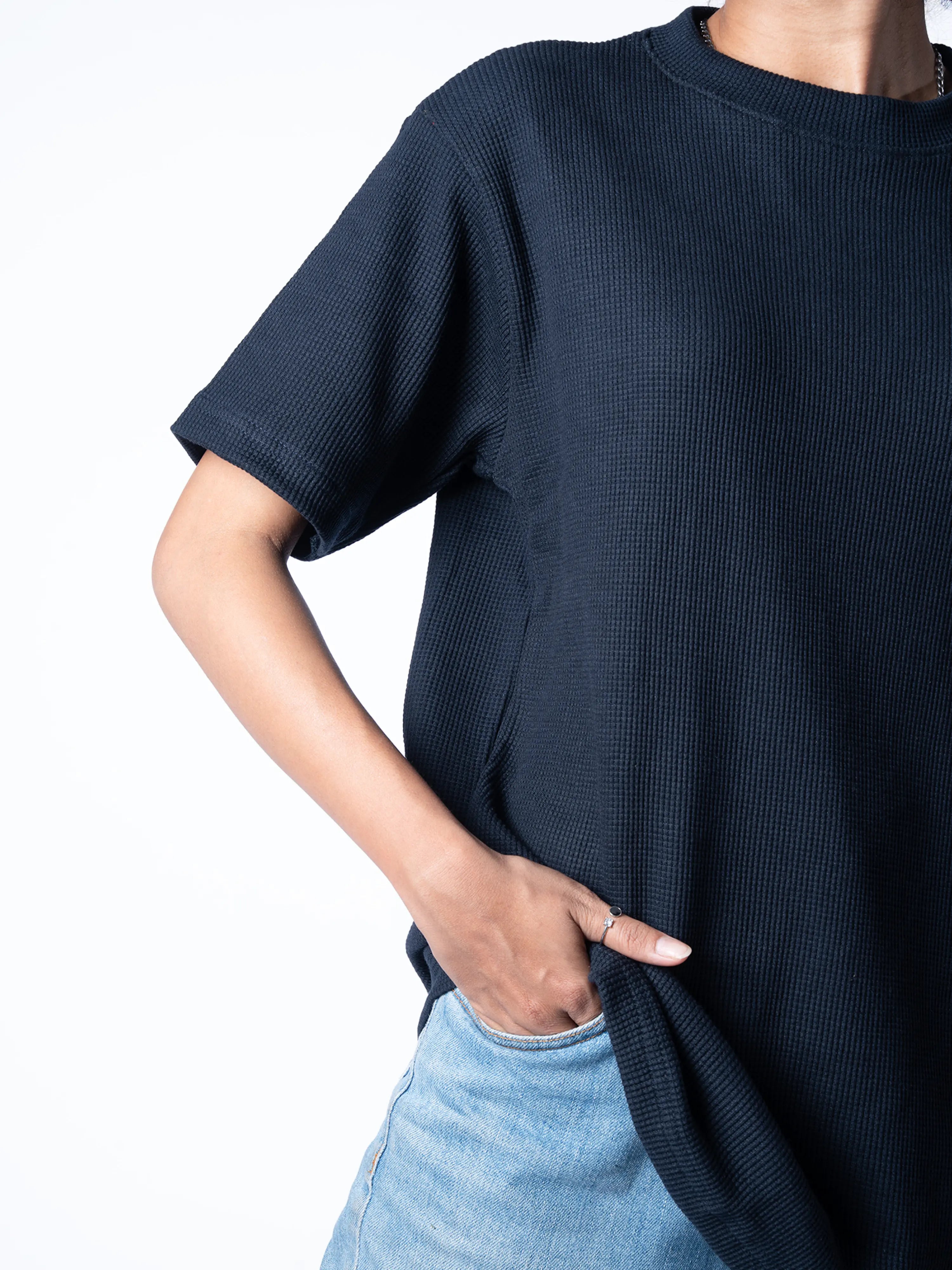 Navy Blue regular waffle knit T-shirt