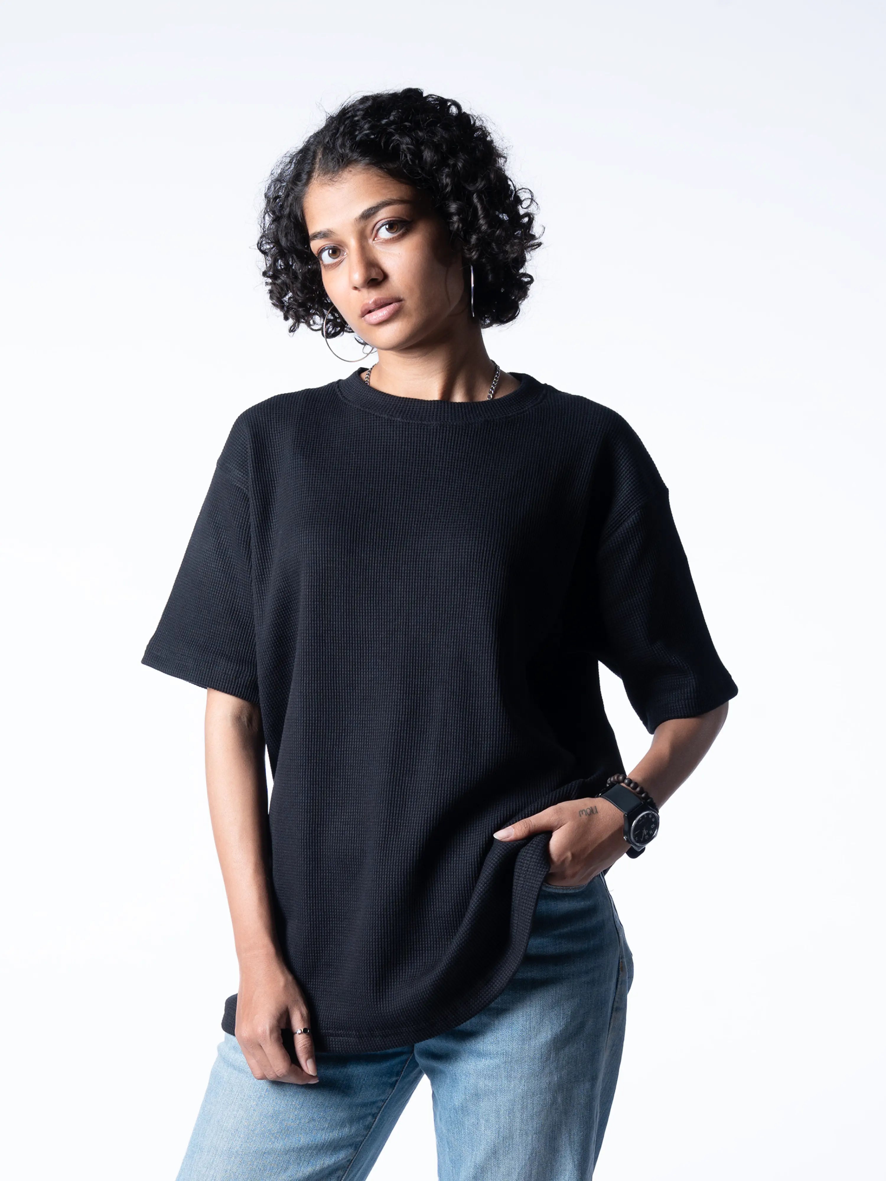 Black regular waffle knit T-shirt