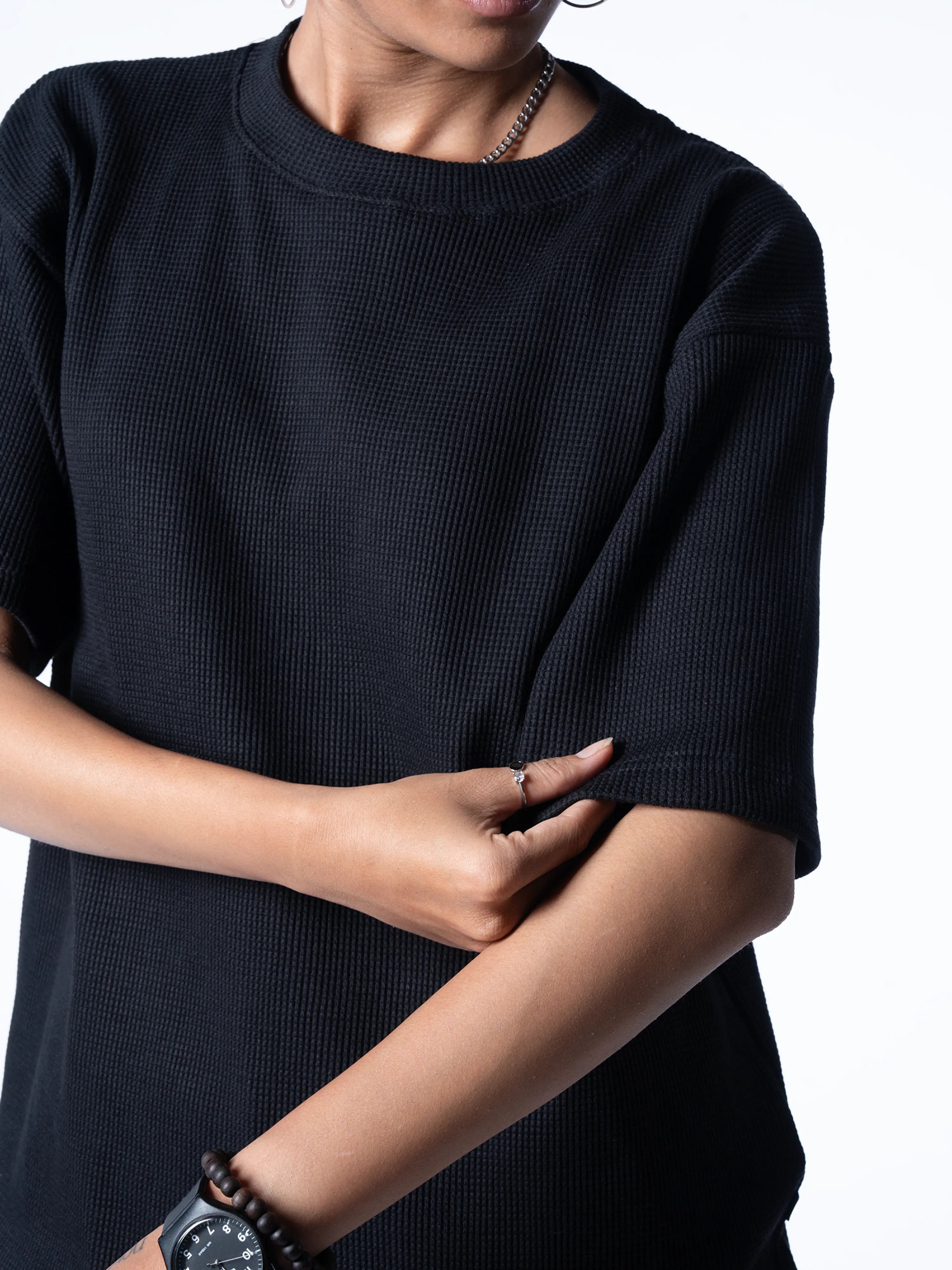 Black regular waffle knit T-shirt